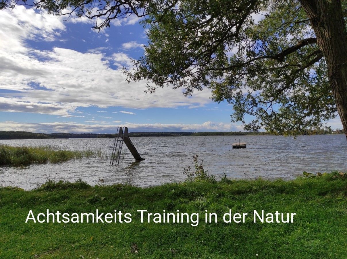 See mit Rutsche am Ufer, ein Baum im Vordergrund und Text Achtsamkeitstraining in der Natur